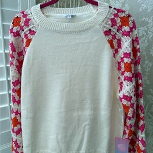 Cozy Cream Sweater with Pink and Orange crochet balloon sleeves